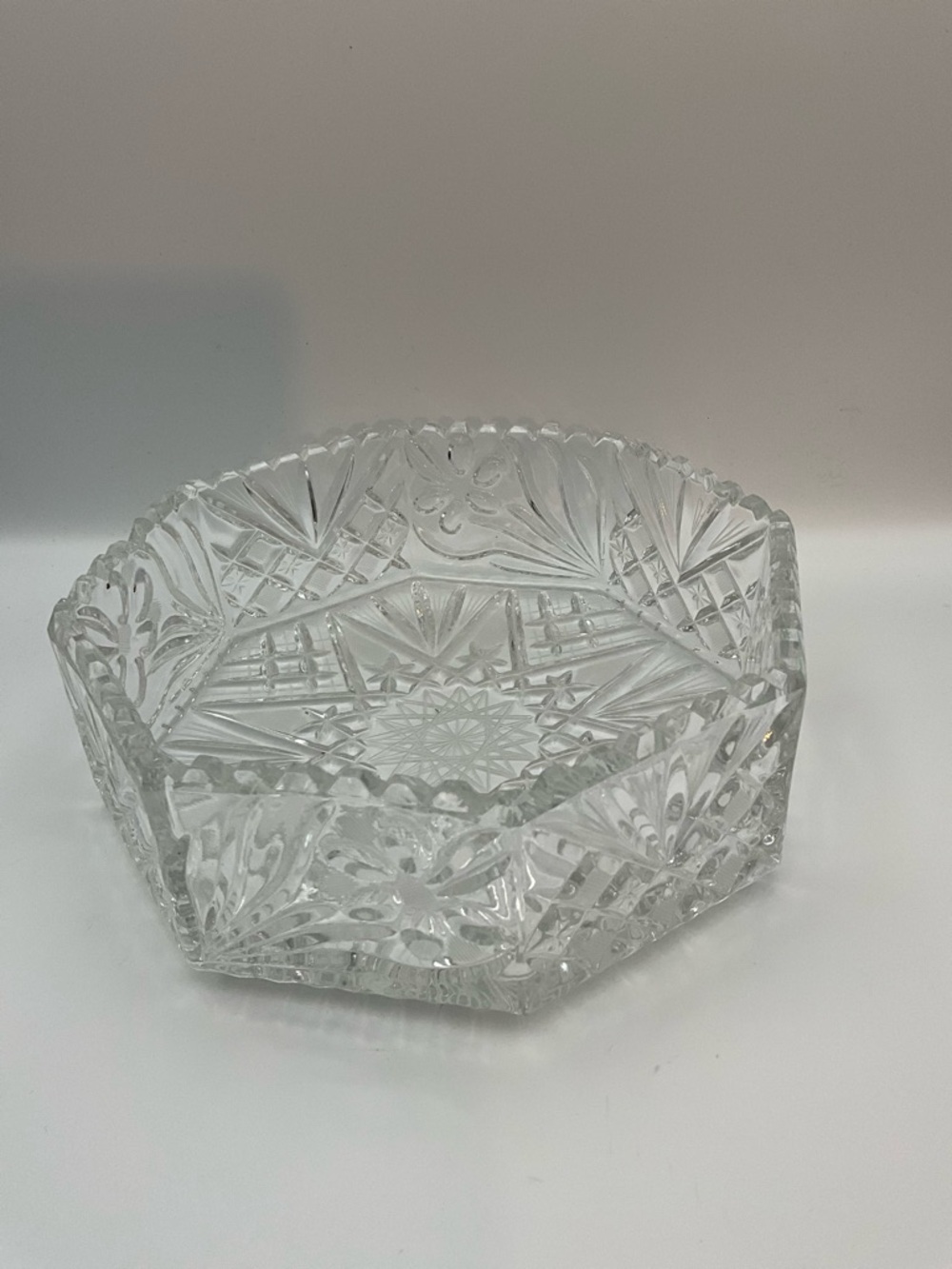 Irena Crystal Cut Octagon Shaped Bowl 9” Wide Heavy 7.33 lbs. Made in Poland
